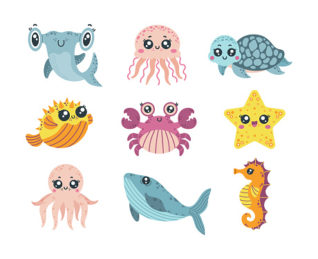 Sea animals vector set. Friendly crab, baby shark, cute turtle, smiling starfish, funny puffer fish and octopus. Huge whale, happy jellyfish and seahorse. Ocean creatures, cartoon aquarium pets