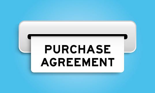 White coupon banner with word purchase agreement from machine on blue color background