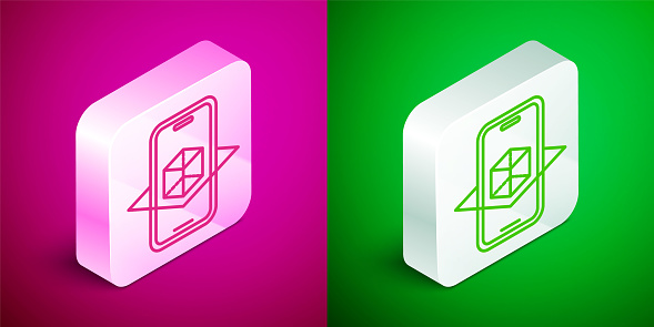 Isometric line 3d modeling icon isolated on pink and green background. Augmented reality or virtual reality. Silver square button. Vector.