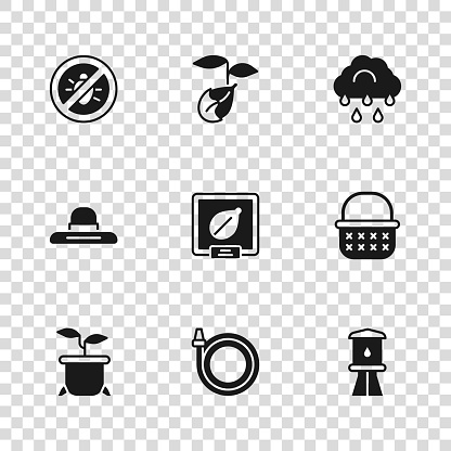 Set Garden hose Wicker basket Water tower Seeds of specific plant Cloud with rain Stop colorado beetle Sprout and Farmer worker hat icon. Vector.