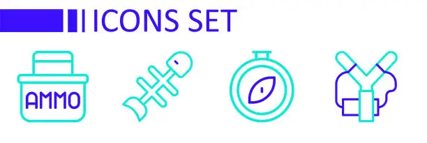 Vector illustration of Set line Slingshot, Compass, Dead fish and Ammunition box icon. Vector