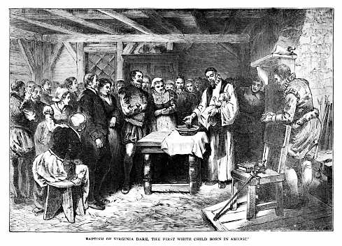Virginia Dare was the first baby born and christened in an American colony in Roanoke, Virginia, which had been established in 1587.  Illustration published 1895. Copyright expired; artwork is in Public Domain.