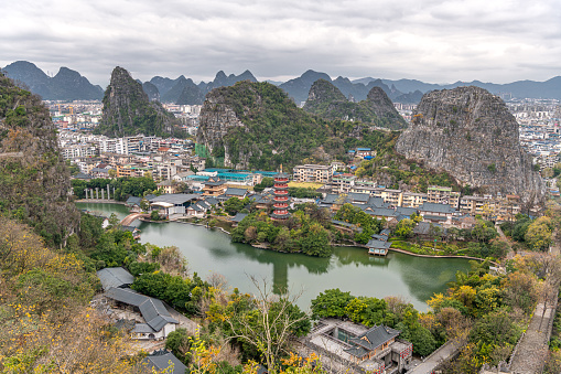 Scenic view of Mulong lake and Guilin city from top of Diecai Mountain, horizontal image with copy space