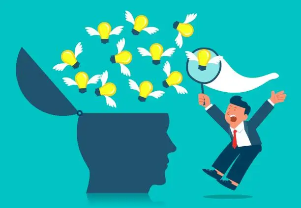 Vector illustration of Great Ideas or Ideas, Capturing Giant Ideas, Finding Ideas and Breakthroughs, Businessmen Sitting on Giant's Heads to Capture Flying Away Light Bulbs