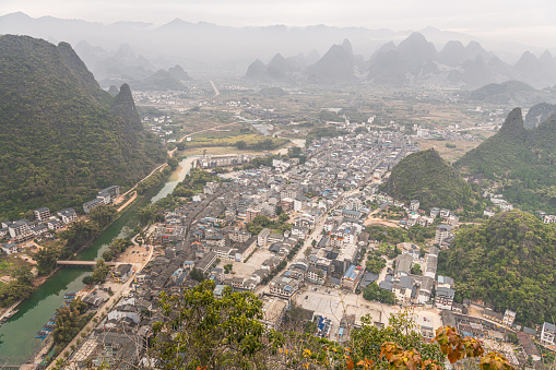 Arial view of Guilin, Li River and Karst mountains Yangshuo and Xingping, Guangxi Province, China