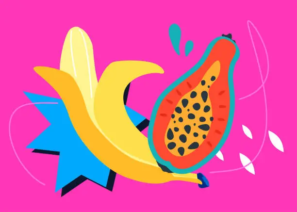 Vector illustration of Banana and papaya - modern colored vector illustration