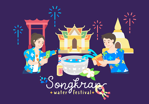 songkran celebration thailand water festival vector illustration. Happiness people playing water splashing with thailand architectre scene