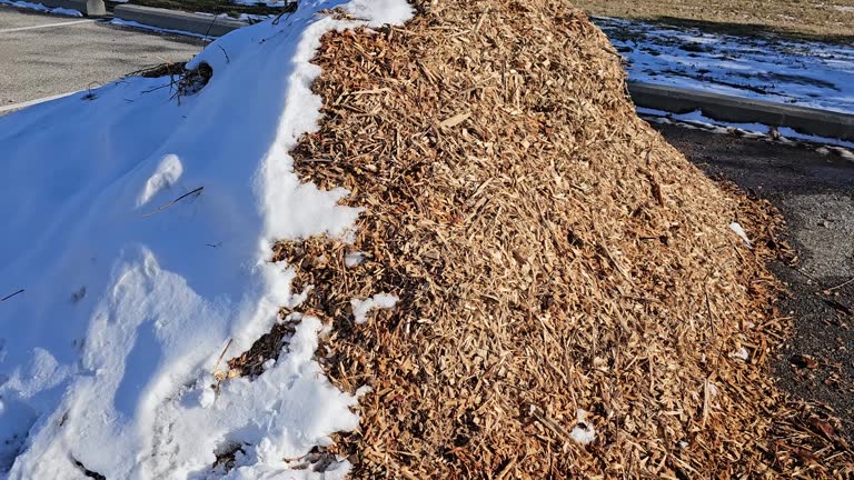 Wood chip pile outside with snow cover in winter time