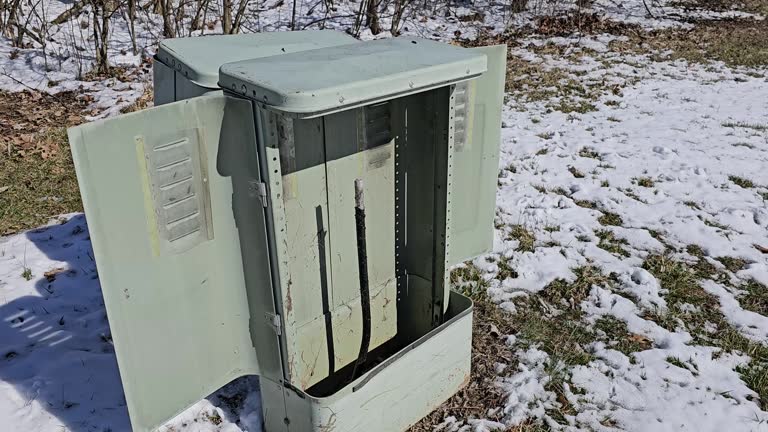 Electrical box empty outside on snowy winter day