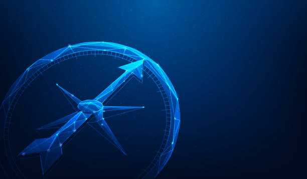 kompassrichtung, um den erfolg auf blauem hintergrund anzuvisieren. strategie für die arbeitsnavigation. das unternehmen strebt ziel von erfolg zu ziel. vektorillustration fantastisches digitales design. - zirkel stock-grafiken, -clipart, -cartoons und -symbole