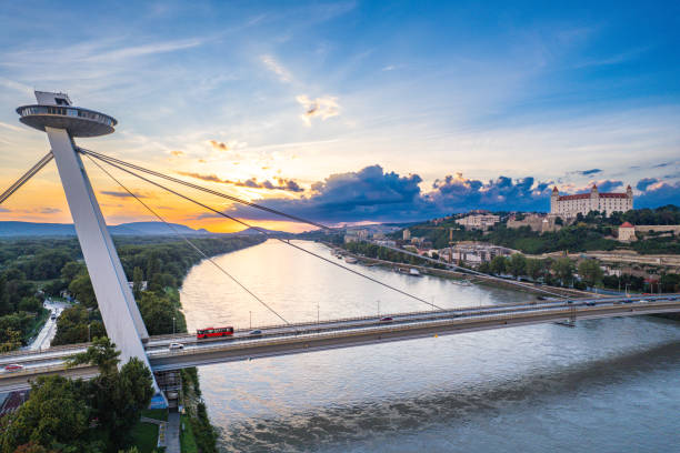 Aerial view of sunset above Bratislava in Slovakia