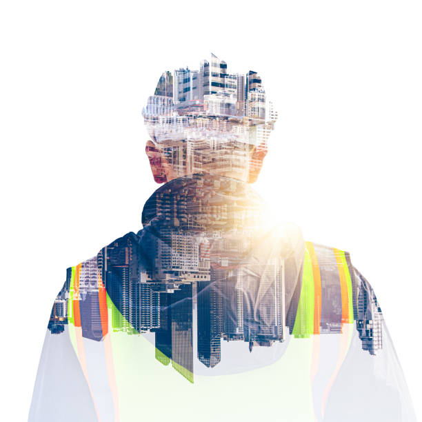 istock The double exposure image of the engineer thinking overlays with cityscape image with copy space. The concept of engineering, construction, futuristic and industry. 2064652225