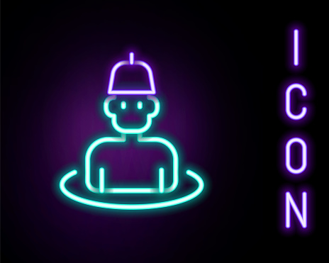 Glowing neon line Man in the sauna icon isolated on black background. Colorful outline concept. Vector.