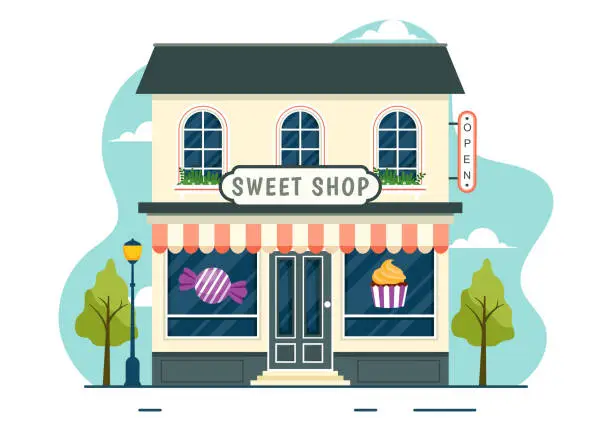 Vector illustration of Sweet Shop Vector Illustration with Selling Various Bakery Products, Cupcake, Cake, Pastry or Candy in Flat Cartoon Background Design