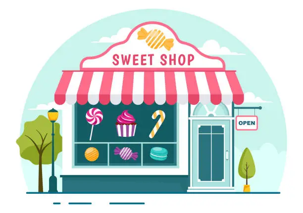 Vector illustration of Sweet Shop Vector Illustration with Selling Various Bakery Products, Cupcake, Cake, Pastry or Candy in Flat Cartoon Background Design