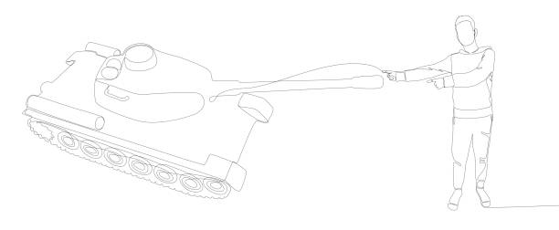 istock One continuous line of Man pointing with finger at Armored Tank. Thin Line Illustration vector concept. Contour Drawing Creative ideas. 2064661042