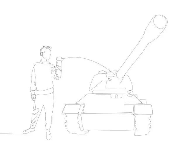 Vector illustration of One continuous line of Man pointing with finger at Armored Tank. Thin Line Illustration vector concept. Contour Drawing Creative ideas.