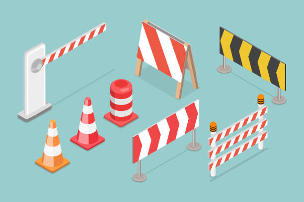ilustraciones, imágenes clip art, dibujos animados e iconos de stock de conjunto de vectores planos isométricos 3d de barreras viales de tráfico - safety fence