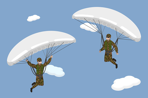 3D Isometric Flat Vector Conceptual Illustration of Paratroopers, Skydivers in Khaki Military Uniform