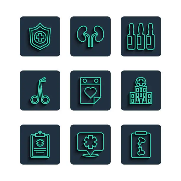 Vector illustration of Set line Clinical record, Medical symbol of the Emergency, X-ray shots, vial, ampoule, Doctor appointment, scissors, Life insurance hand and hospital building icon. Vector