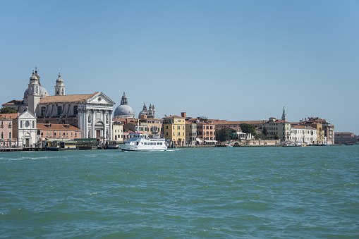 Venice. Italy - May 14, 2019: The Peggy Guggenheim Museum Collection in Venice. Italy. View on Facade from Grand Canal.