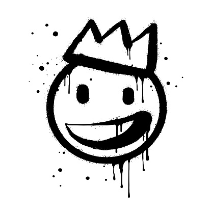 Smiling face emoticon character with crown. Spray painted graffiti smile face in black over white. isolated on white background. vector illustration