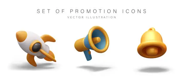 Vector illustration of Set of realistic promo icons in 3D style. Space rocket in flight, megaphone, golden bell