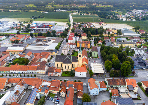 View of a town with flooded neighborhoods in the background. Natural disaster concept. Location: Zalec, Slovenia