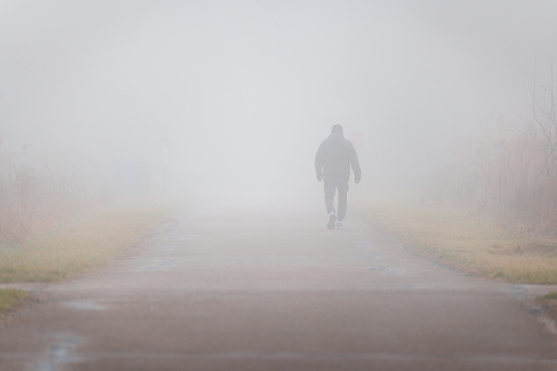Man Walking on Paved Path in the Fog
