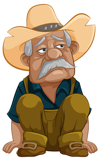 Cartoon of a pensive old cowboy sitting down.