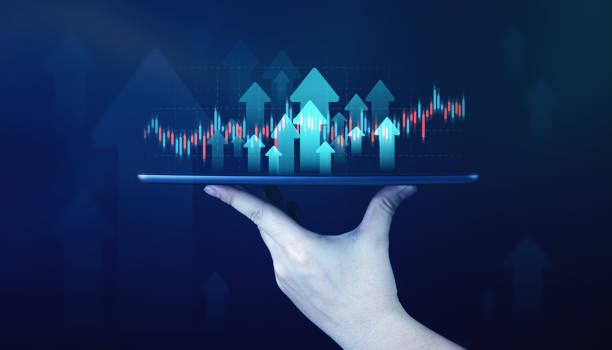 istock Report growing and increasing profits. Shows a rising arrow on dark background. 2064770019