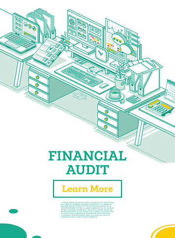 Financial Audit. Workplace of an Auditor or Accountant. Isometric Business Concept. Account Tax Report. Two Computers on Desk with Documents in Office. Vector Illustration. Calculating Balance.