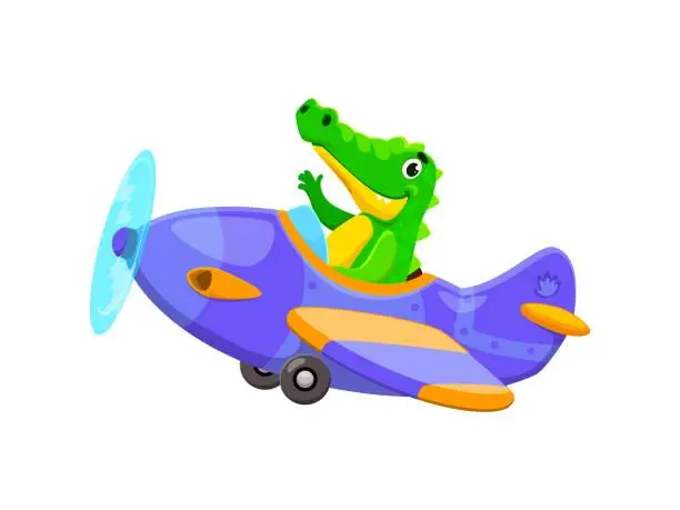 Vector illustration of Baby crocodile animal character pilot on plane