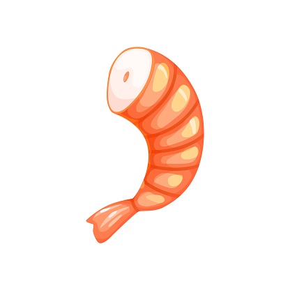 Cartoon seafood, shrimp or prawn tail peeled for sea food restaurant or sushi bar, isolated vector. Seafood cuisine and cooking cartoon shrimp tail or surimi prawn for sushi menu ingredient