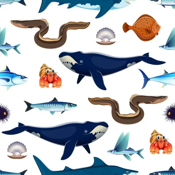 Vector illustration of Cartoon sea animals and fish seamless pattern