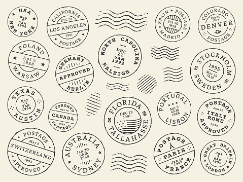 Postage and postal stamps and mail post labels, country vintage letter or postcard vector icons. Retro postage or postmark stamps with date seal from New York, Australia Sydney or Texas and California