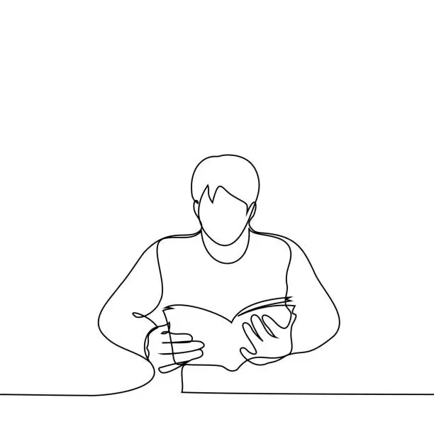 Vector illustration of man is sitting at a table with a paperback book - one line drawing vector. book lover concept, reader in library, student with textbook