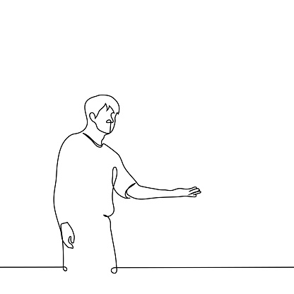 man stands and shows with his hand to his left - one line drawing vector. concept advertiser, host or guide invite showing direction
