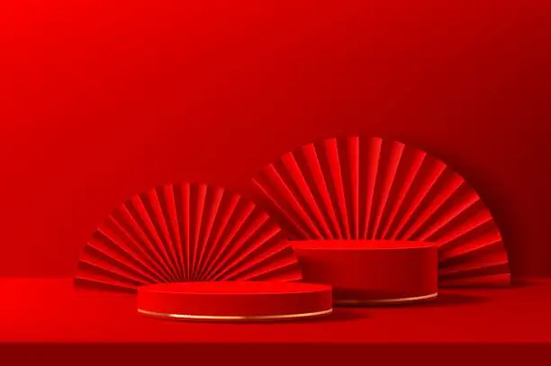 Vector illustration of Red Chinese podium stage with golden rings and fan