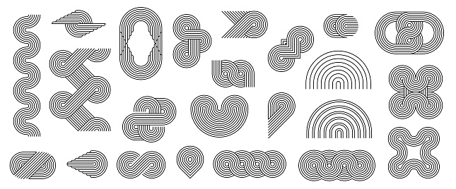 Geometric line Zen arch patterns, stroke figures and shapes, vector linear elements. Abstract minimalism outline wave, curve and circle shapes with Japanese Zen arch patterns in wavy zigzag