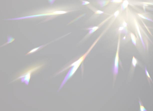 Prism light overlay, crystal light flares rainbow Prism light overlay with rainbow light effect, transparent flares of crystal diamond, vector background. Prism light glares or lens flare spectrum of gem glass refraction or sun light dispersion transparent prism stock illustrations