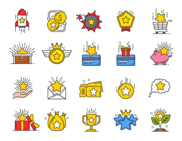 Benefit special bonus and prize reward color icons Benefit special bonus and prize reward color icons, loyalty gifts vector line symbols. Bonus rewards and incentive benefits icons of star, coin, credit card and piggy bank or gold bag and award coupon coin outline stock illustrations