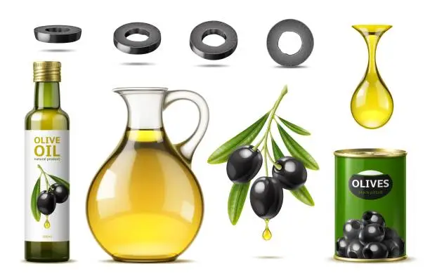 Vector illustration of Realistic black olives, oil jar, can and bottle