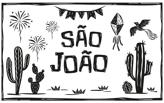 set of hand-drawn icons in northeastern Brazilian cordel woodcut style
