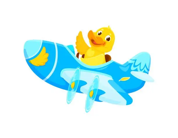 Vector illustration of Baby animal character on plane. Cartoon duck pilot