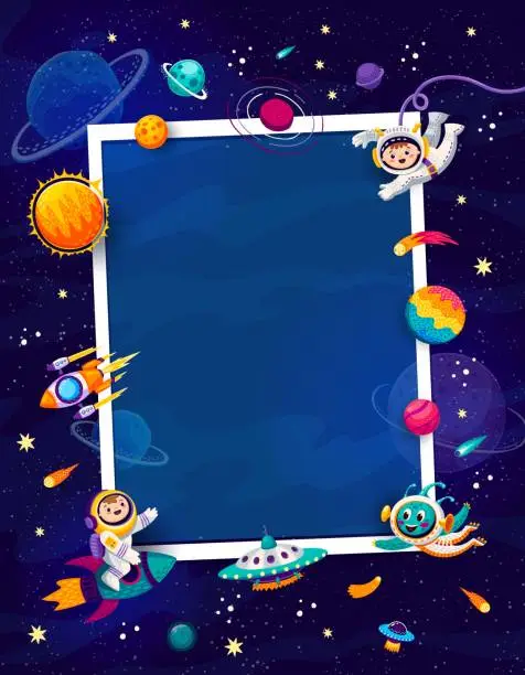 Vector illustration of Birthday photo frame with galaxy space planets