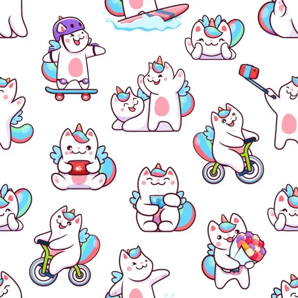 Vector illustration of Cartoon caticorn cat and kitten seamless pattern