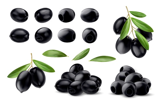 Realistic isolated black olives, olive branch and leaves. 3d vector set of raw, dark fruits with rich, briny flavor used in Mediterranean cuisine and are packed with healthy fats and antioxidants