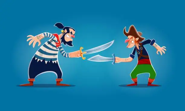 Vector illustration of Two cartoon pirate corsairs fighting on sabers