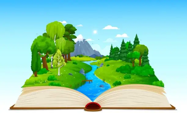 Vector illustration of Cartoon opened book with lake river, pond, forest
